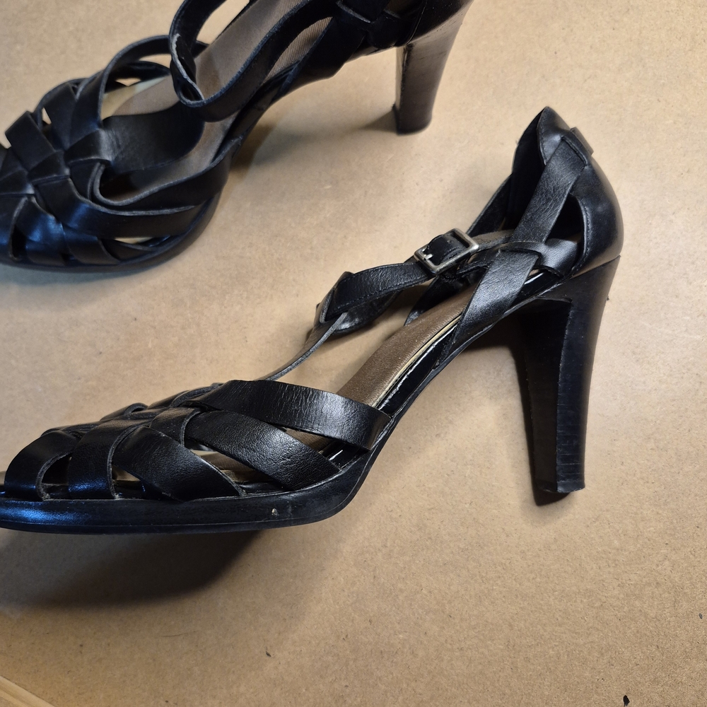 Black Woven Strappy Heels with Ankle Buckle - Women's Dress Sandals - Read - Picture 8 of 9